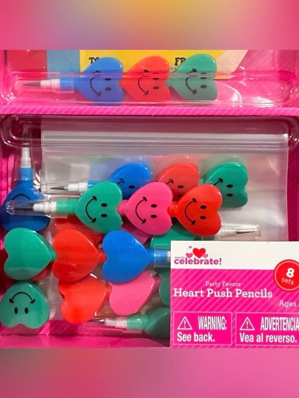 💞 New Pack of 8 Party Favor Heart Push Pencils with Smiley Faces
